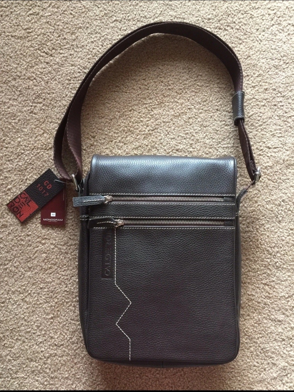 Men's Dark Brown Leather Messenger Bag with Front Zips Made In Hungary